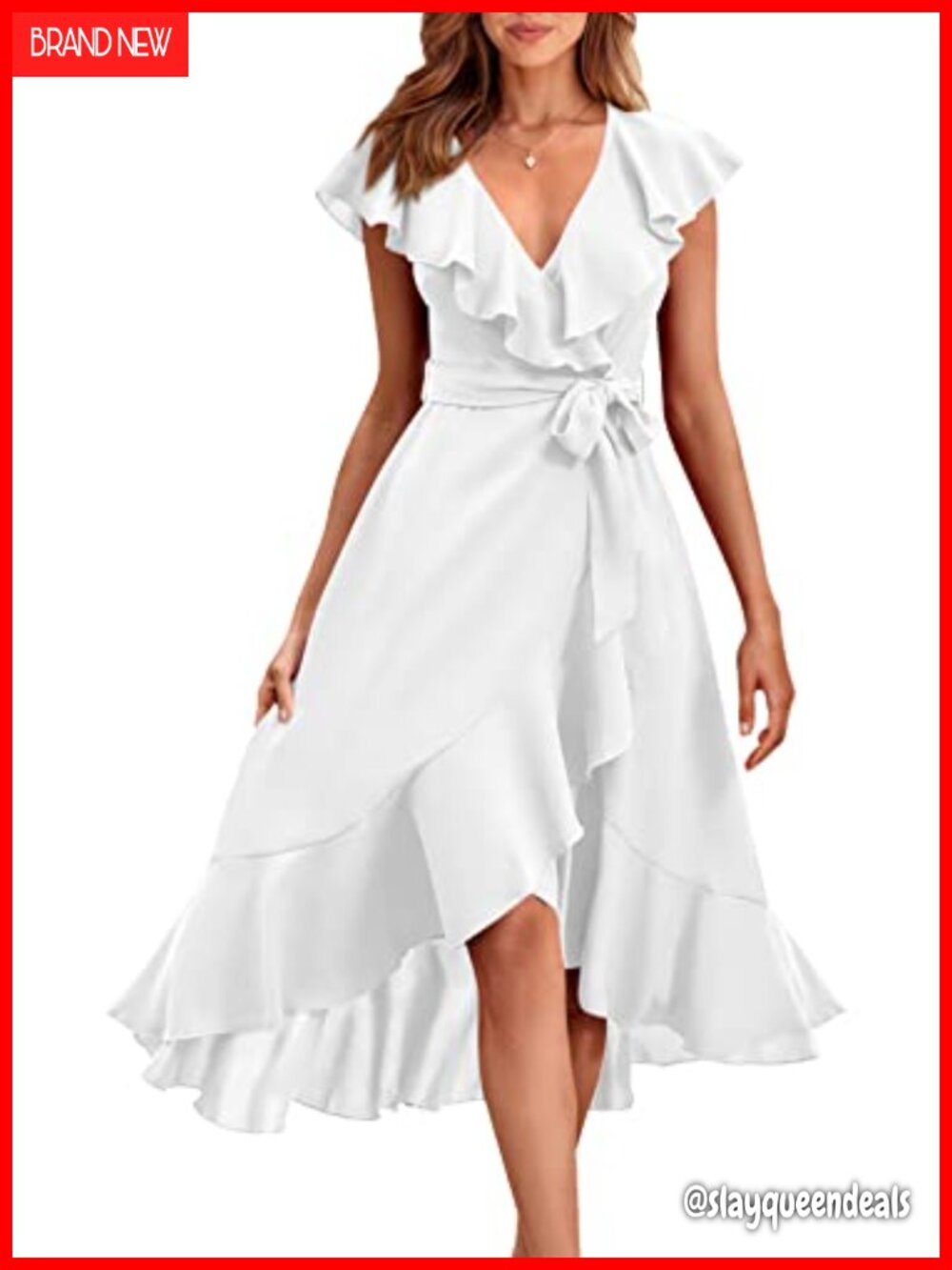 Women's Summer Cross V Neck Midi Dress Ruffle Hem Tie Waist Boho Beach